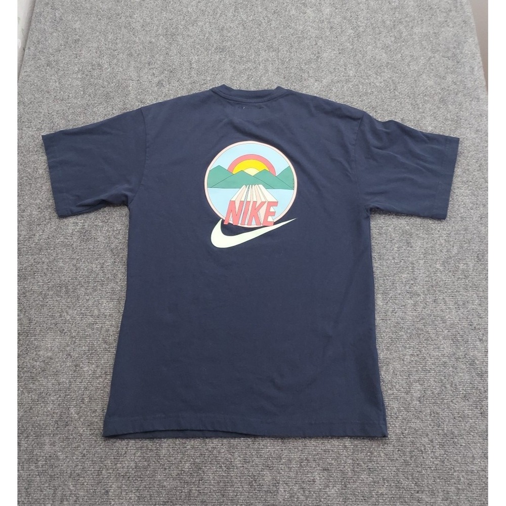 Nike Shirt Mens Small Blue Graphic Tee Swoosh Mountains Sunset Short Sleeve Crew